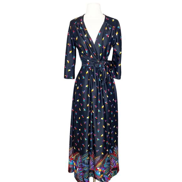 Vintage Serena Black Night Gown Small Wrap House Dress Robe Bohemian Tropical - Picture 1 of 7